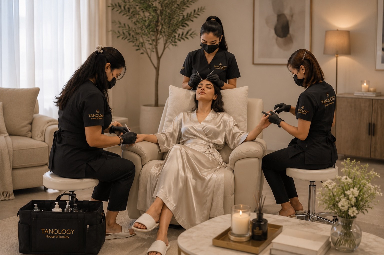 أخصائية من Tanology تقدم خدمة تجميل منزلية للعميلة
